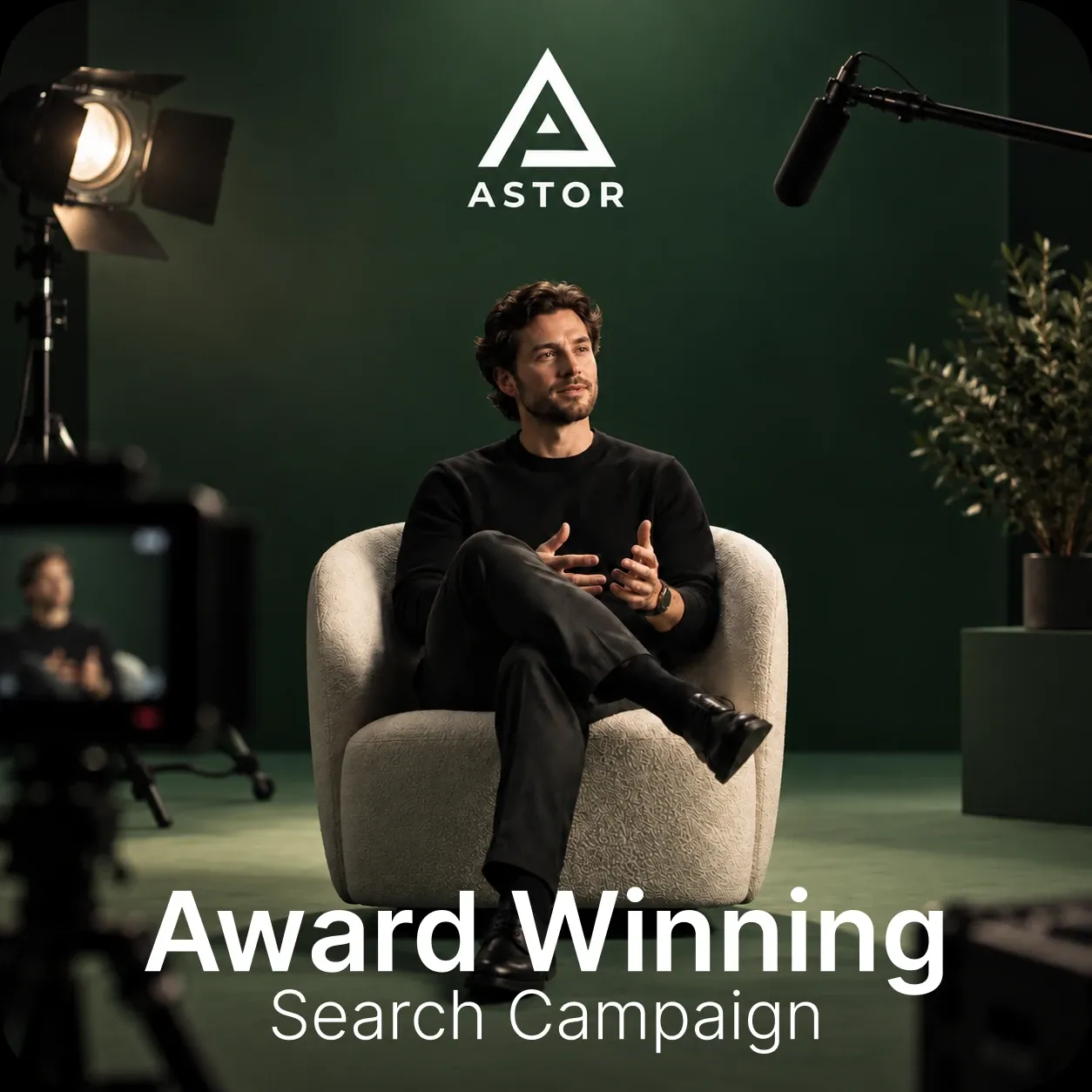 Astor Film Productions campaign artwork: a man interviewed on a green studio set
