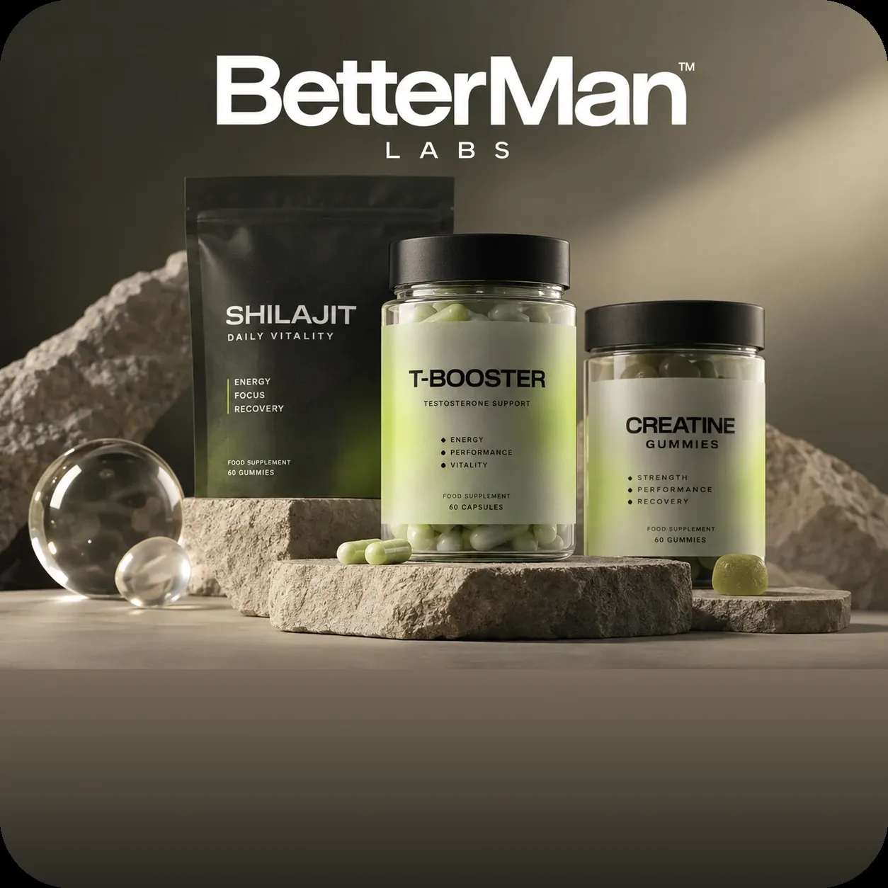 BetterMan Labs campaign artwork: supplement pouch and jars styled on stone plinths