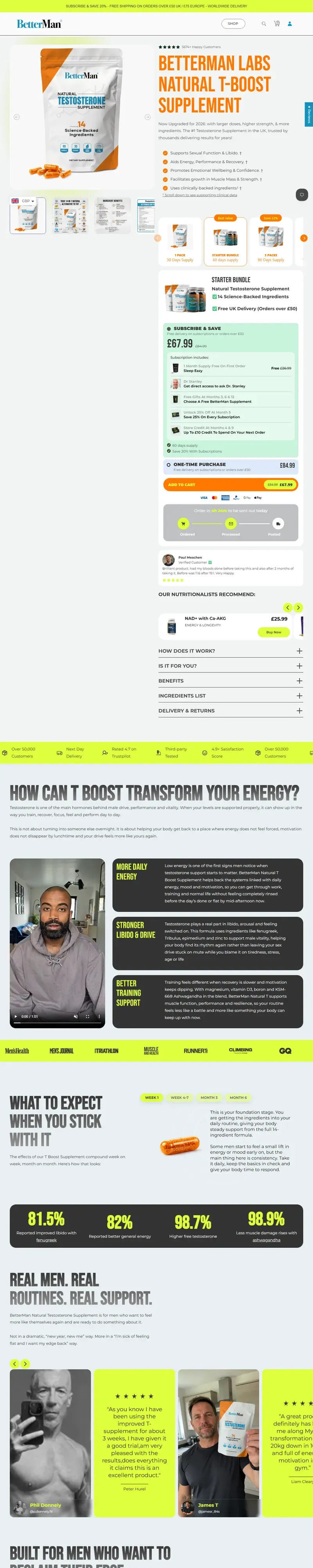 Full-page screenshot of the BetterMan Labs website (bettermanlabs.co.uk)