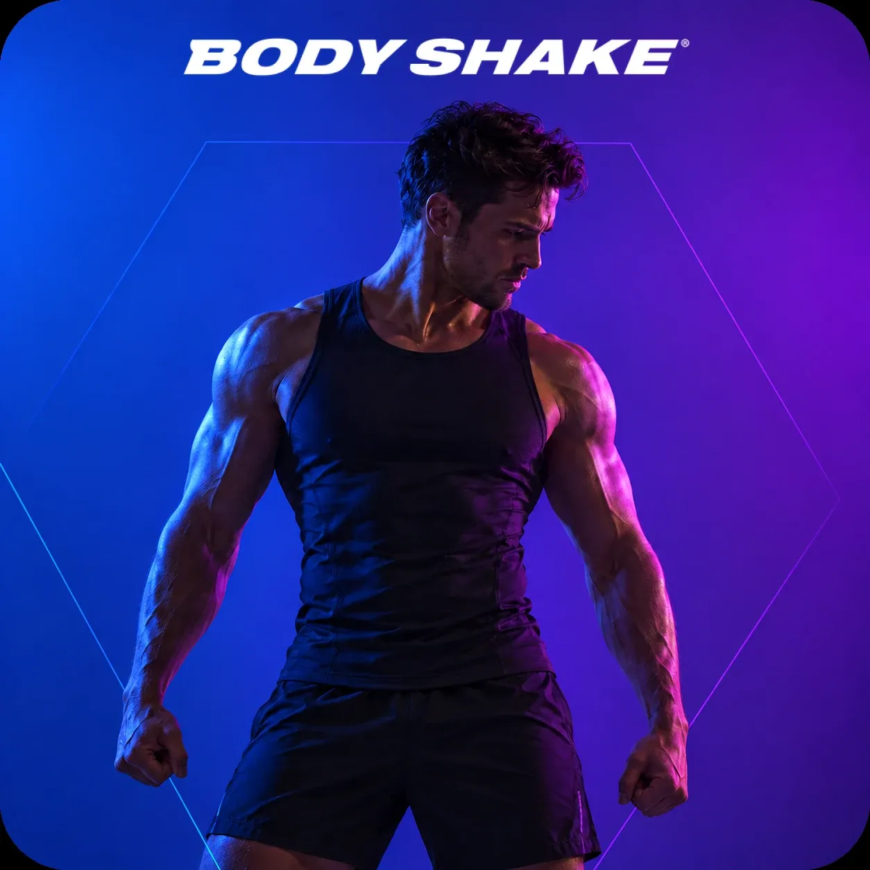 Body Shake campaign artwork: an athlete lit in electric blue and violet