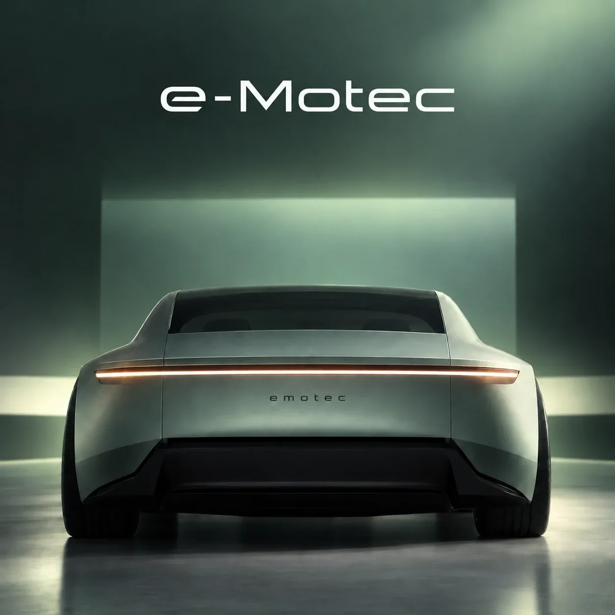 e-Motec campaign artwork: rear view of an electric concept car in a green-lit studio