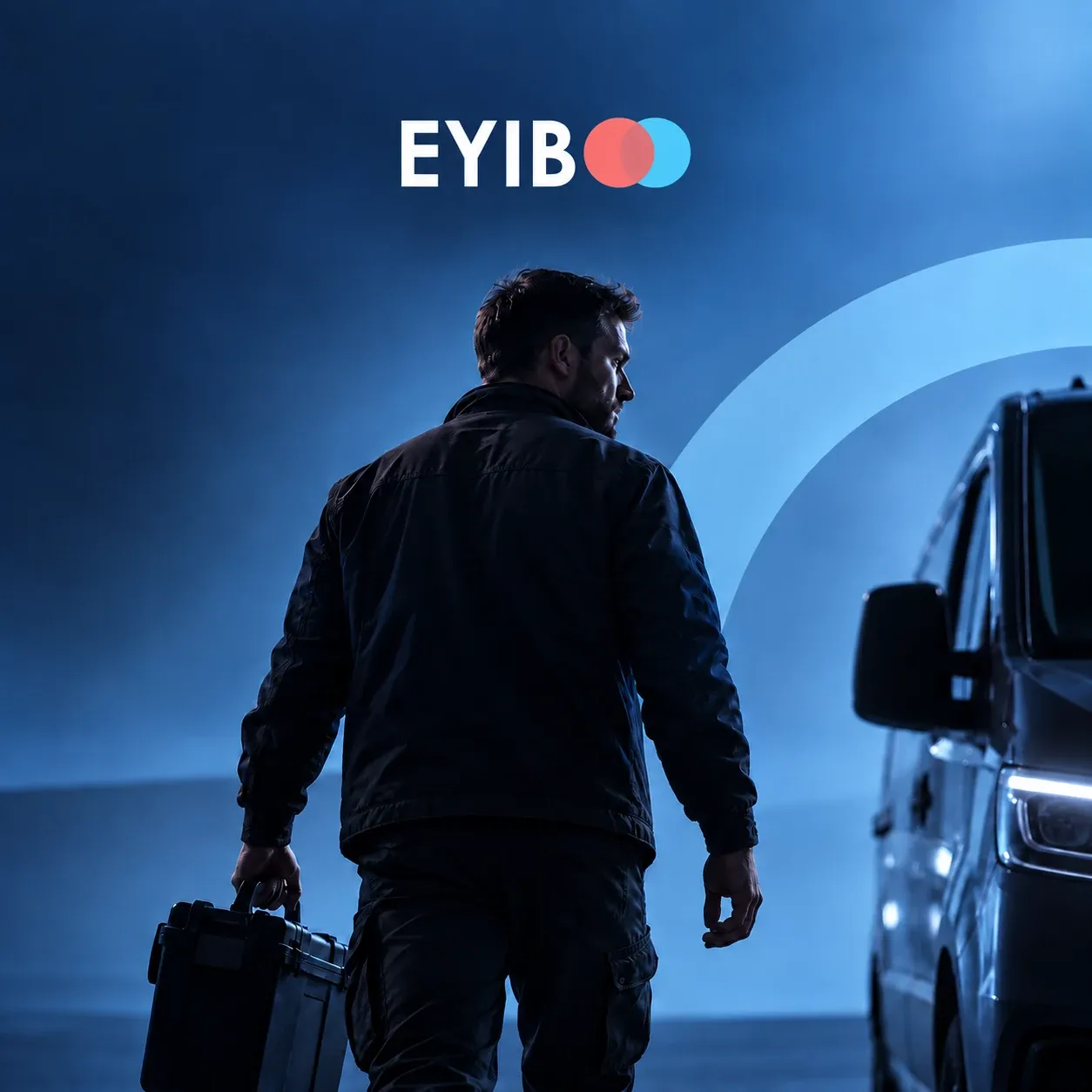 EYIBO campaign artwork: a tradesperson carrying a toolcase towards a van at dusk