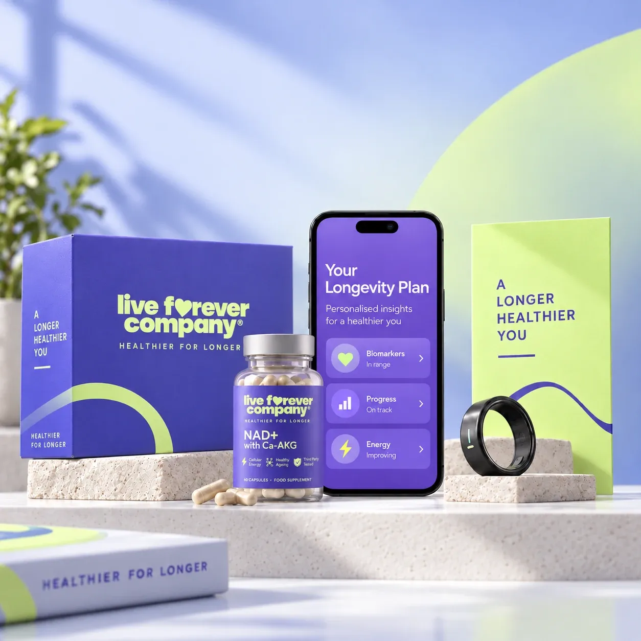 Live Forever Company artwork: longevity supplement packaging, app screen and smart ring