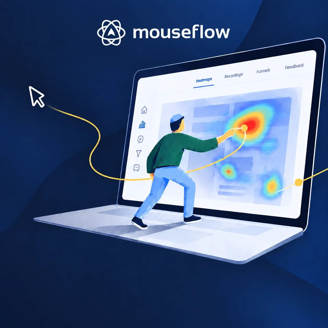 Mouseflow campaign illustration: a figure pointing at a website heatmap on a laptop