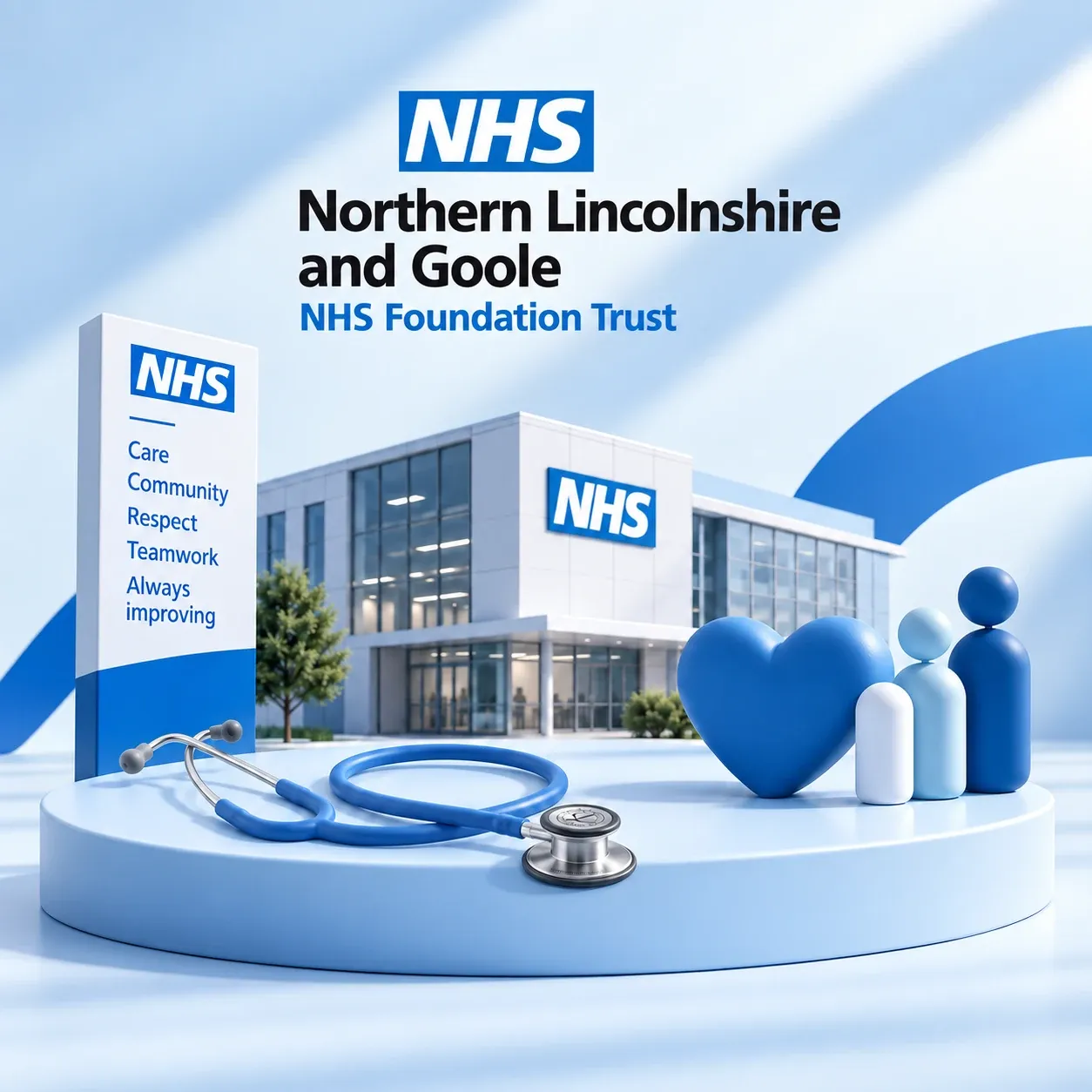 Northern Lincolnshire and Goole NHS Foundation Trust artwork: hospital building, stethoscope and values signage