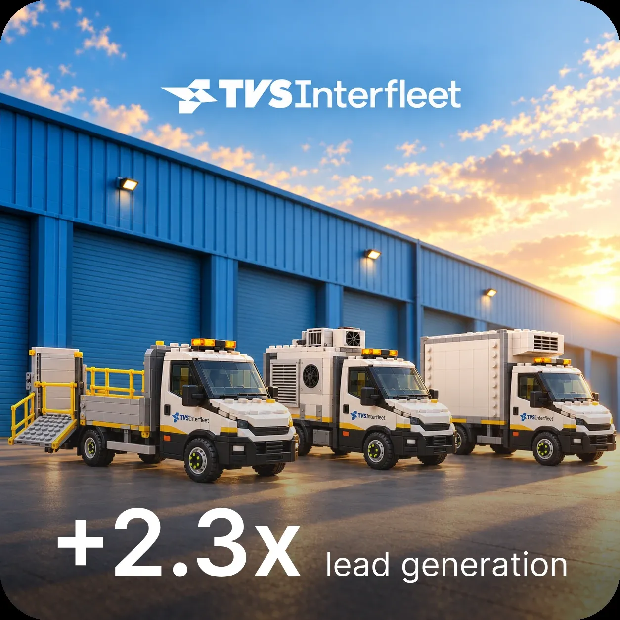 TVS Interfleet campaign artwork: three liveried commercial vehicles outside a blue warehouse at sunset