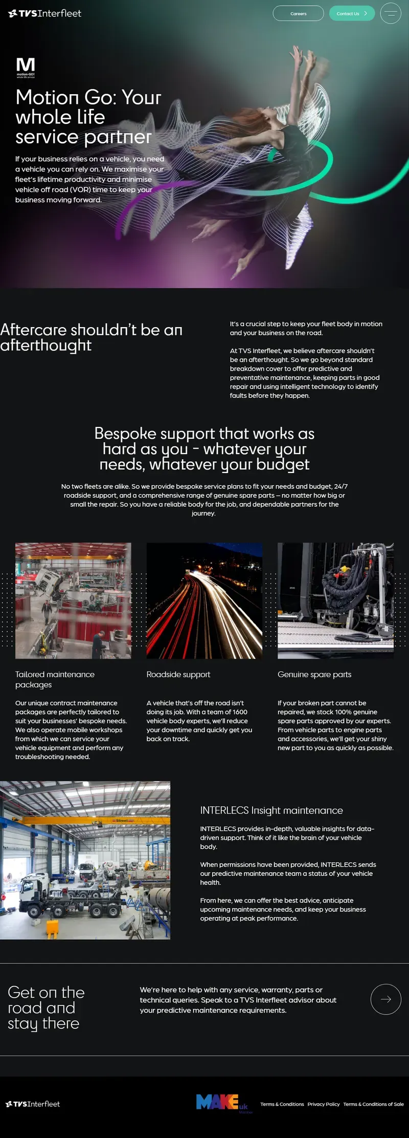 Full-page screenshot of the TVS Interfleet website (tvsinterfleet.com/motion)